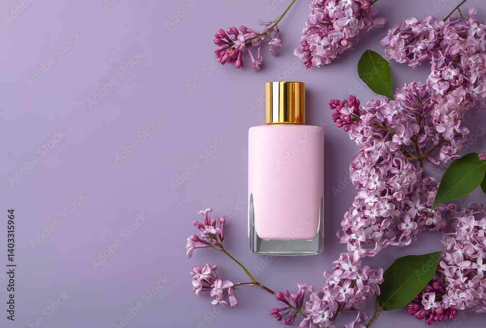 Elegant Perfume Bottle Displayed with Lilac Flowers on a Purple Background