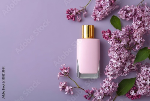 Obraz na płótnie Elegant Perfume Bottle Displayed with Lilac Flowers on a Purple Background w salonie