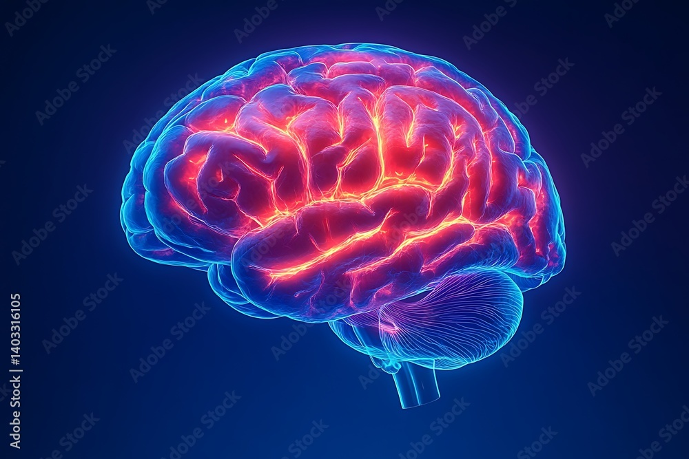 Illuminated Human Brain, Cerebral Activity, Anatomical Structure, Blue and Red Glowing Illuminated Human Brain, Cerebral Activity, Anatomical Structure, Blue and Red Glowing