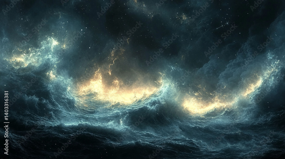 Fototapeta premium Cosmic tempestuous waves dominate a dark, swirling space.