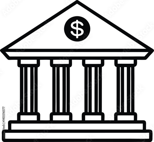 Classical bank building line art. Minimalist financial institution illustration. Traditional bank architecture with dollar sign.