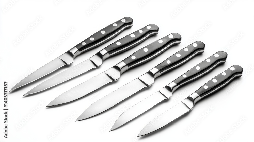 Obraz premium A set of six knives with black handles and silver blades