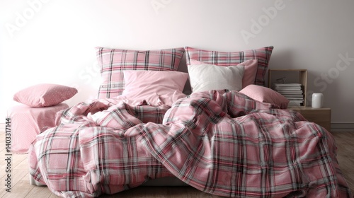 Pink plaid bedding creates a cozy bedroom.