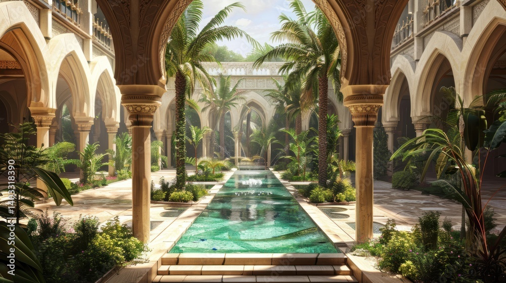 Obraz premium A beautiful courtyard with a long green pool and palm trees