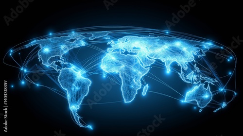 High-tech digital network grid with blue glowing lines and floating data nodes, 3D perspective, representing global connectivity and information flow.