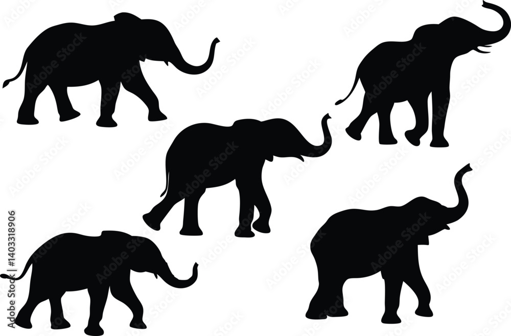 Naklejka premium Comprehensive Vector Silhouette Set Depicting Five Elephants in Unique Poses Including Walking, Grazing, and Trumpeting in Minimalistic Black-and-White Style