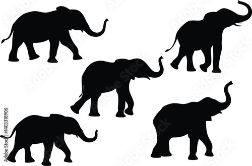 Comprehensive Vector Silhouette Set Depicting Five Elephants in Unique Poses Including Walking, Grazing, and Trumpeting in Minimalistic Black-and-White Style