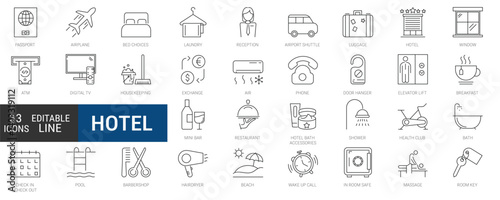 Hotel elements, editable stroke web icon set, thin outline travel and tourism vector collection.