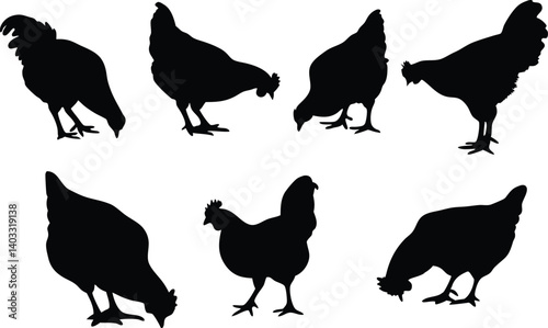 Comprehensive Vector Silhouette Set Depicting Four Unique Cow Poses Grazing in Different Stances with Agricultural and Pastoral Themes in Black-and-White Style