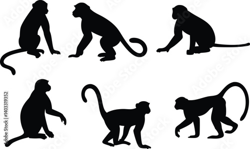Illustrative Vector Silhouette Collection Depicting Six Unique Monkey Poses Including Sitting, Standing, Walking, and Climbing, in Dynamic Black-and-White Style for Nature-Inspired Wildlife Design 