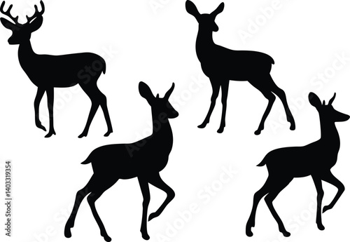 Elegant Vector Silhouette Set Highlighting Four Unique Deer Designs Capturing Male and Female Poses in Distinct Black-and-White Style, Perfect for Wildlife-Themed Artwork, Creative Illustrations