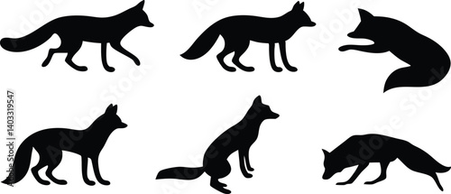 Detailed Vector Silhouette Set Showcasing Six Unique Fox Poses Including Walking, Standing, Sitting, Lying, and Crouching in Minimalistic Black-and-White Style for Wildlife-Themed Illustrations