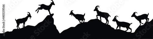 Illustrative Vector Silhouette Set of Mountain Goats Showcasing Diverse Poses and Movements Such as Standing, Jumping, and Walking on Rocky Terrain in Bold Black-and-White Style for Wildlife-Themed