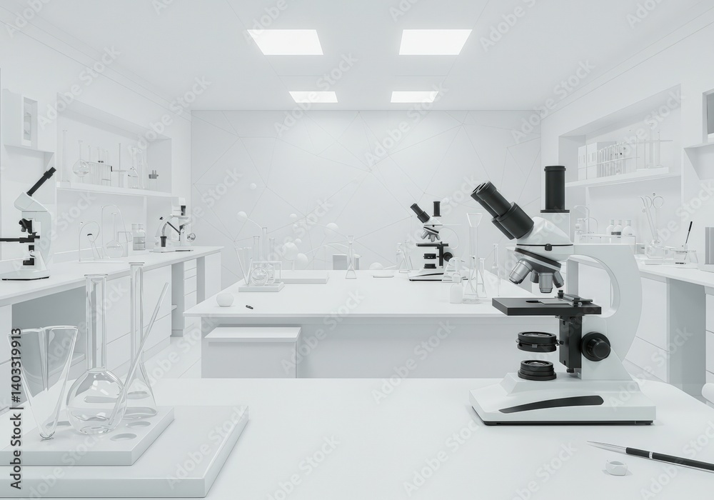 Futuristic medical research in clean white laboratory with microscopes, flasks and geometric wall design, clinical diagnostic tests for science studying.