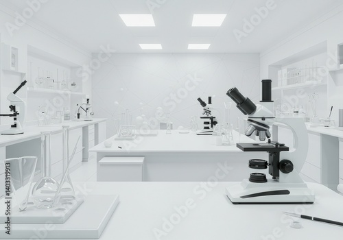 Obraz na płótnie Futuristic medical research in clean white laboratory with microscopes, flasks and geometric wall design, clinical diagnostic tests for science studying. w salonie