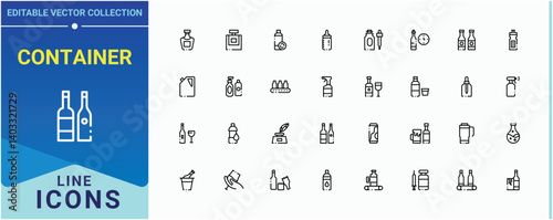 Container icon set. Contain linear symbols water wine drink, plastic eco, water and more. Bottle vector line icon set. Minimalist linear icons. Vector illustration. Pixel perfect.