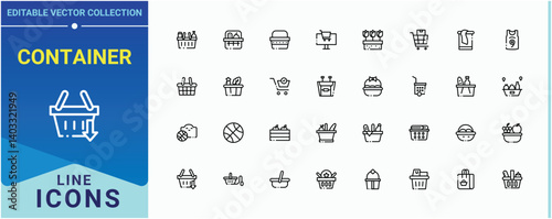 Container icon set. Contains such symbols as delivery, e-commerce, cart, supermarket, buy, bag, sale and more. Basket simple icon set. Minimal icons set. Editable vector art.