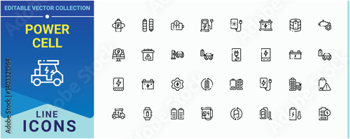 Power Cell modern icon. It contains symbols to charger, charge, charging, recharge and more. Battery icon collection. Minimalist icons pack. Editable stroke. Vector illustration.