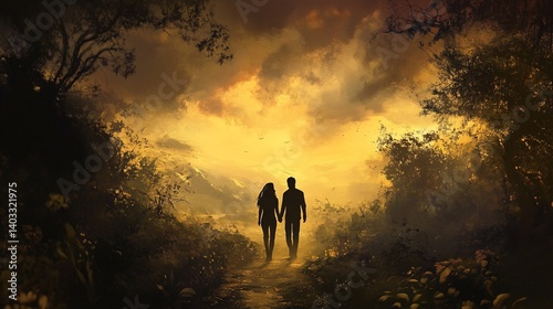 Couple walking sunset path, forest, mountains, hope, romance, love story