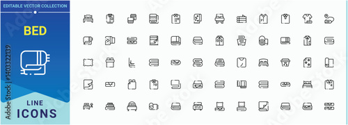 Bed icon pack. Contain linear symbols hotel, rest, furniture, hostel and more. Vector outline icons collection. Hostel modern icon set. Editable stroke vector art.
