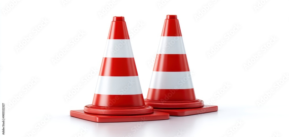 Isolated Traffic Cones with Red and White Stripes for Road Safety Isolated Traffic Cones with Red and White Stripes for Road Safety