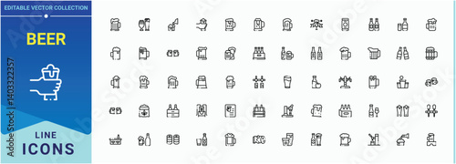 Beer vector icon set. Contain linear symbols alcohol, brew, bar, pub, brewery, drink and more. Minimal icons collection. Brewer icon. Vector illustration.