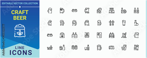 Craft Beer icon set. Contains such symbols as drink, brewery, brewer, alcohol, beverage, bar and more. Beer linear icon collection. Minimalist vector collections. Editable stroke. Vector collection.
