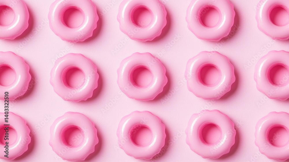 A repeating pattern of small pink inflatable rings on a pastel pink background. A repeating pattern of small pink inflatable rings on a pastel pink background.