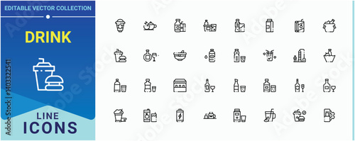 Drink icon. Contains such symbols as cocktail, juice, champagne, beer, drinks and more. Beverage icon set. Thin line icons set. Editable stroke. Vector collection.
