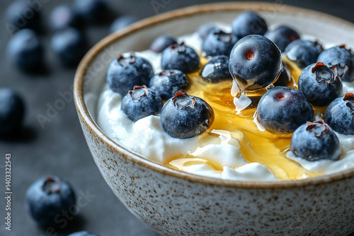Delicious yogurt bowl topped with fresh blueberries and honey on a dark background in a cozy kitchen setting