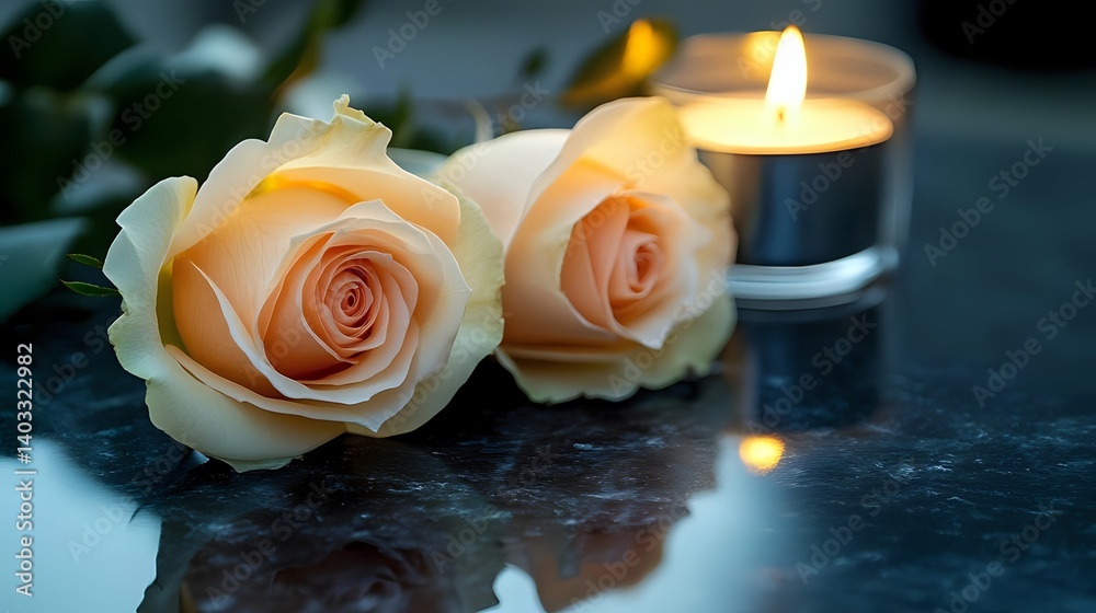 Fototapeta premium Two delicate roses and a single lit candle resting on a polished black granite slab, evoking a solemn, quiet atmosphere of remembrance and respect, with no text or inscriptions
