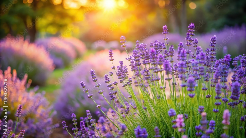 Naklejka premium Softly touching lavender flowers in a serene garden, peaceful landscape
