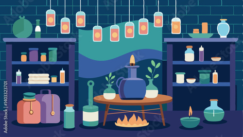 A room dedicated to aromatherapy with scented candles and essential oils.