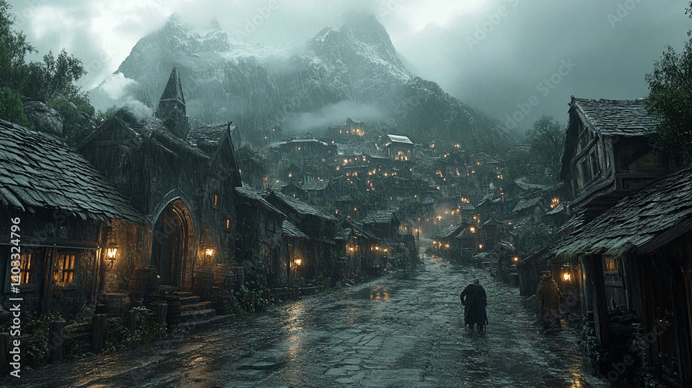 Fototapeta premium Misty mountain village, shrouded in rain and shadows.