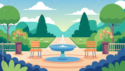 A serene outdoor garden with benches and a fountain for patients to relax.