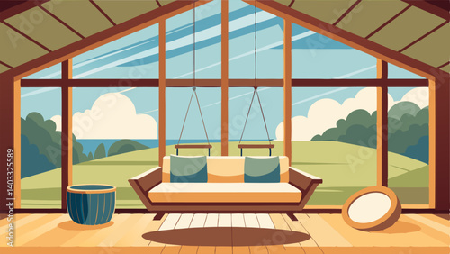 A sunroom with large windows a wooden daybed and a hanging swing chair made from natural fibers.