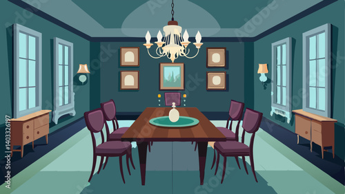 A sophisticated dining room featuring a large wooden farmhouse table a crystal chandelier and a gallery wall of antique mirrors in various shapes and sizes.