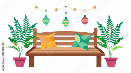 A rustic wooden bench with colorful throw pillows surrounded by potted ferns and delicate hanging vines.