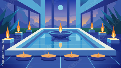 A reflection pool with floating candles creating a serene and peaceful atmosphere in the atrium.