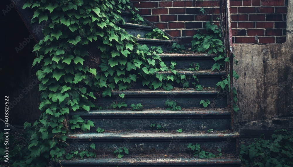 Weathered stairs overgrown with lush greenery. Weathered stairs overgrown with lush greenery.