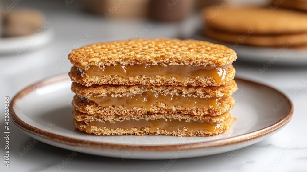 Stacked caramel-filled waffle cookies on a plate. Close-up of three cookies layered, revealing the rich caramel filling. Light golden-brown waffle cookies with a honey-like sweet flavor Stacked caramel-filled waffle cookies on a plate. Close-up of three cookies layered, revealing the rich caramel filling. Light golden-brown waffle cookies with a honey-like sweet flavor