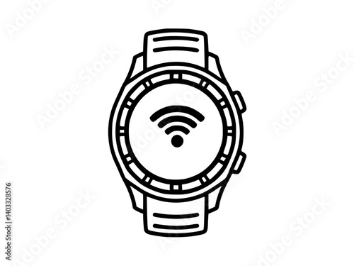 Black and white smart watch displaying a wifi symbol icon