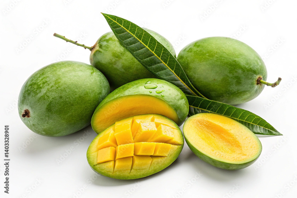 Fresh Green Mangoes with Sliced Yellow Flesh Fresh Green Mangoes with Sliced Yellow Flesh