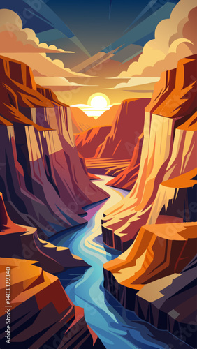 A beautiful landscape with a river running through it. The sky is blue and the sun is setting