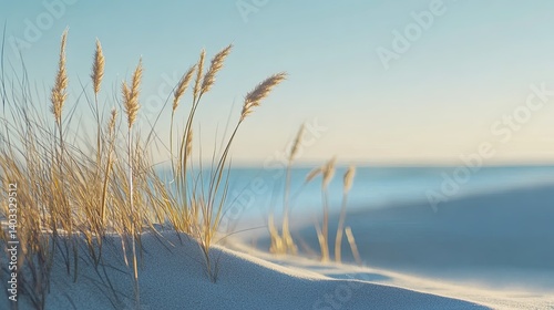 Fototapeta Naklejka Na Ścianę i Meble -  Natural sand dune and wild grass by sea. Minimal scenic landscape for nature, calm, and holiday visuals.