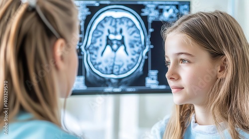 Neurologist consulting teen epilepsy patient, MRI scan on wall monitor