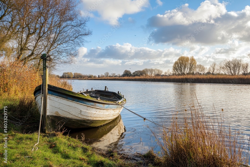 Tranquil river scene with old boat Tranquil river scene with old boat