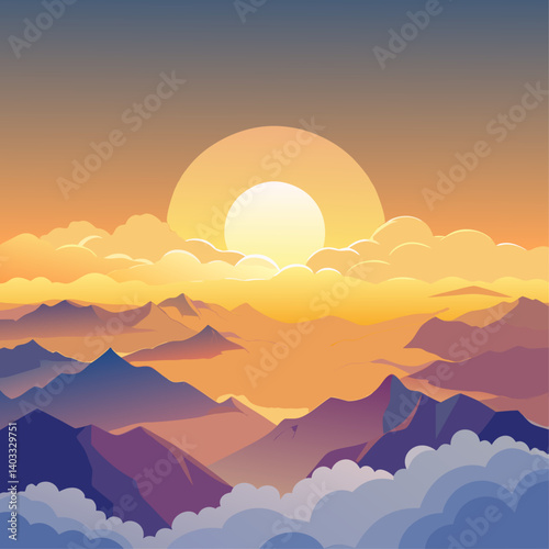 A mountain range with a large sun in the sky. The sun is setting and the sky is a mix of blue and orange