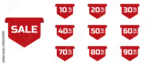 Red sale tags icon set. Discount labels. Sale and new label set. Discount red ribbons, banners, shopping tags and icons. Vector illustration.