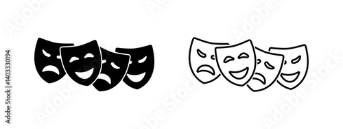 Theater mask icon set. Angry, happy, sad, ominous. Masquerade mask. Comedy and tragedy mask symbols. Vector illustration.